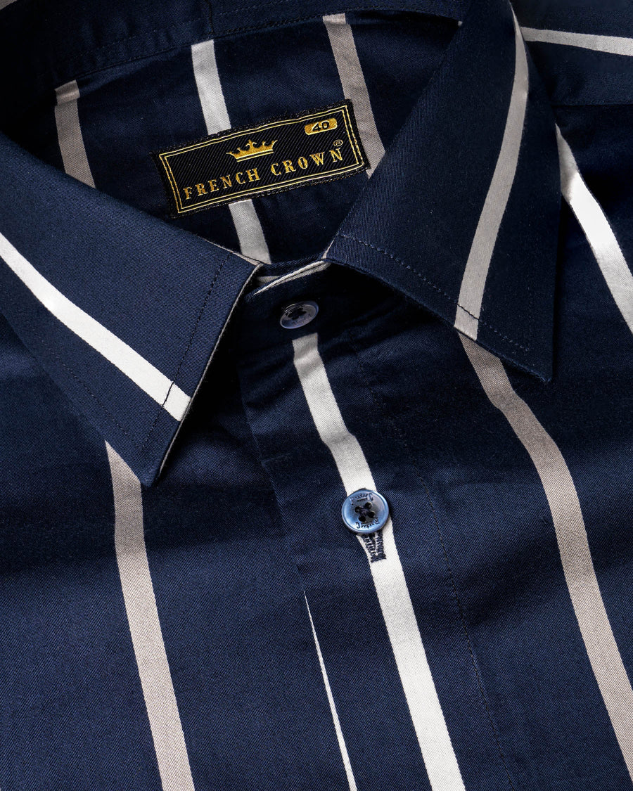 Bright White and Ebony Clay Blue Striped Super Soft Premium Cotton Shirt