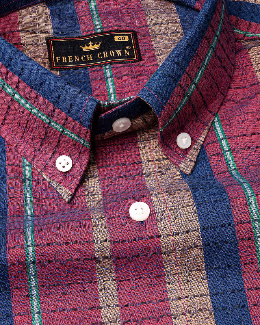 Hibiscus Red and Twilight Blue Striped Dobby Textured Premium Cotton Shirt