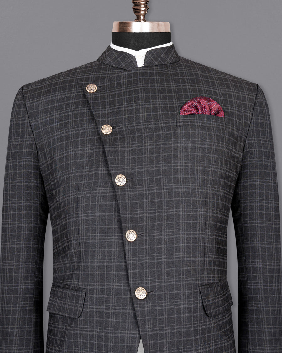 Star Dust and Shark Grey Plaid Cross Button Bandhgala Wool rich Blazer BL1408-CBG-36, BL1408-CBG-38, BL1408-CBG-40, BL1408-CBG-42, BL1408-CBG-44, BL1408-CBG-46, BL1408-CBG-48, BL1408-CBG-50, BL1408-CBG-52, BL1408-CBG-54, BL1408-CBG-56, BL1408-CBG-58, BL1408-CBG-60
