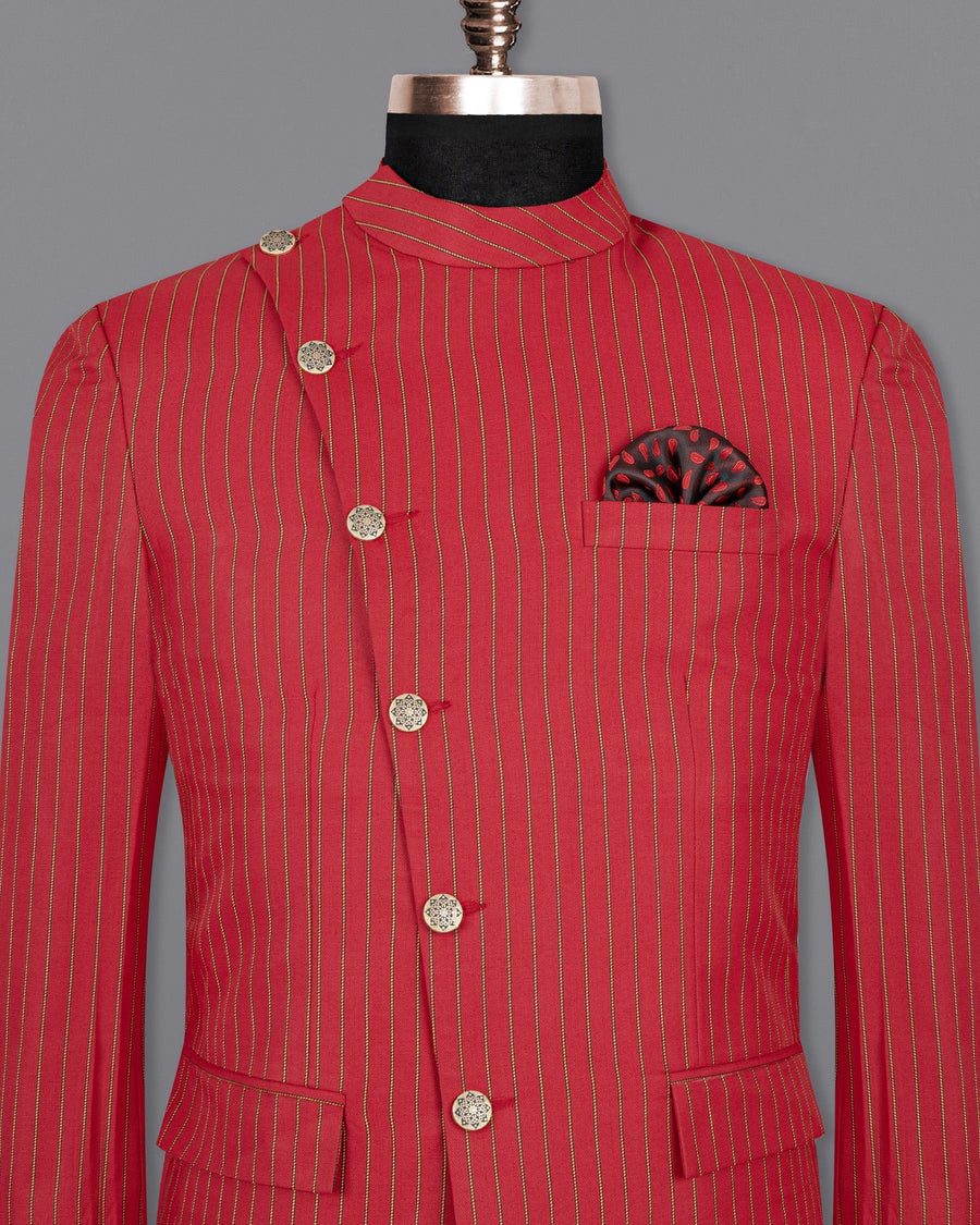 Medium Carmine Red Striped Wool Rich Cross Buttoned Bandhgala Blazer BL1505-CBG2-36, BL1505-CBG2-38, BL1505-CBG2-40, BL1505-CBG2-42, BL1505-CBG2-44, BL1505-CBG2-46, BL1505-CBG2-48, BL1505-CBG2-50, BL1505-CBG2-52, BL1505-CBG2-54, BL1505-CBG2-56, BL1505-CBG2-58, BL1505-CBG2-60