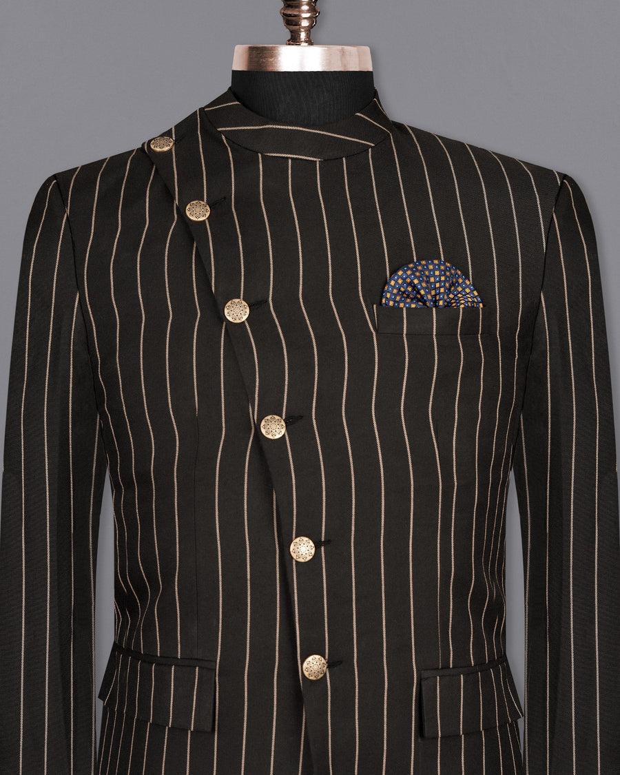 Jade Black Striped Cross Buttoned Wool Rich Bandhgala Blazer BL1513-CBG2-36, BL1513-CBG2-38, BL1513-CBG2-40, BL1513-CBG2-42, BL1513-CBG2-44, BL1513-CBG2-46, BL1513-CBG2-48, BL1513-CBG2-50, BL1513-CBG2-52, BL1513-CBG2-54, BL1513-CBG2-56, BL1513-CBG2-58, BL1513-CBG2-60