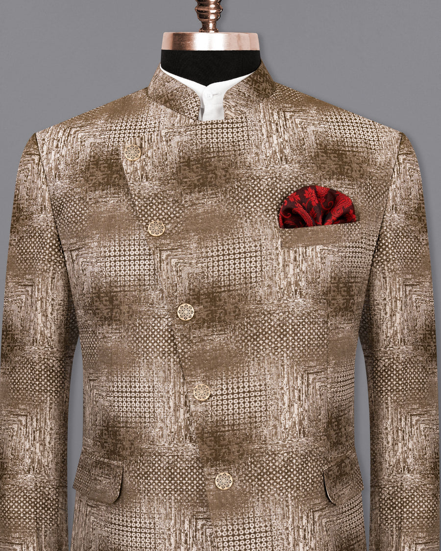 Deep Coffee and Off-White Unique Textured Cross-Buttoned Bandhgala Designer Blazer