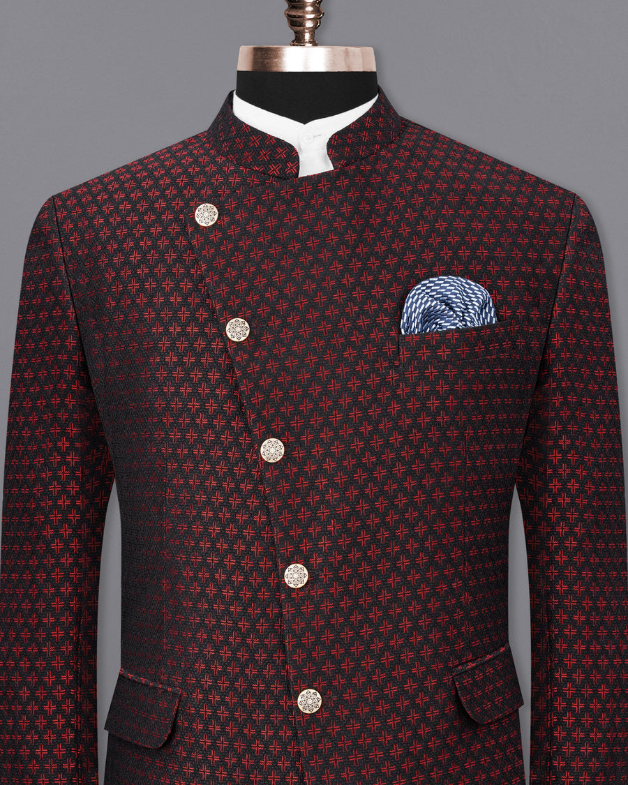 Claret Red and Jade Black Houndstooth Texture Cross Buttoned Bandhgala Blazer