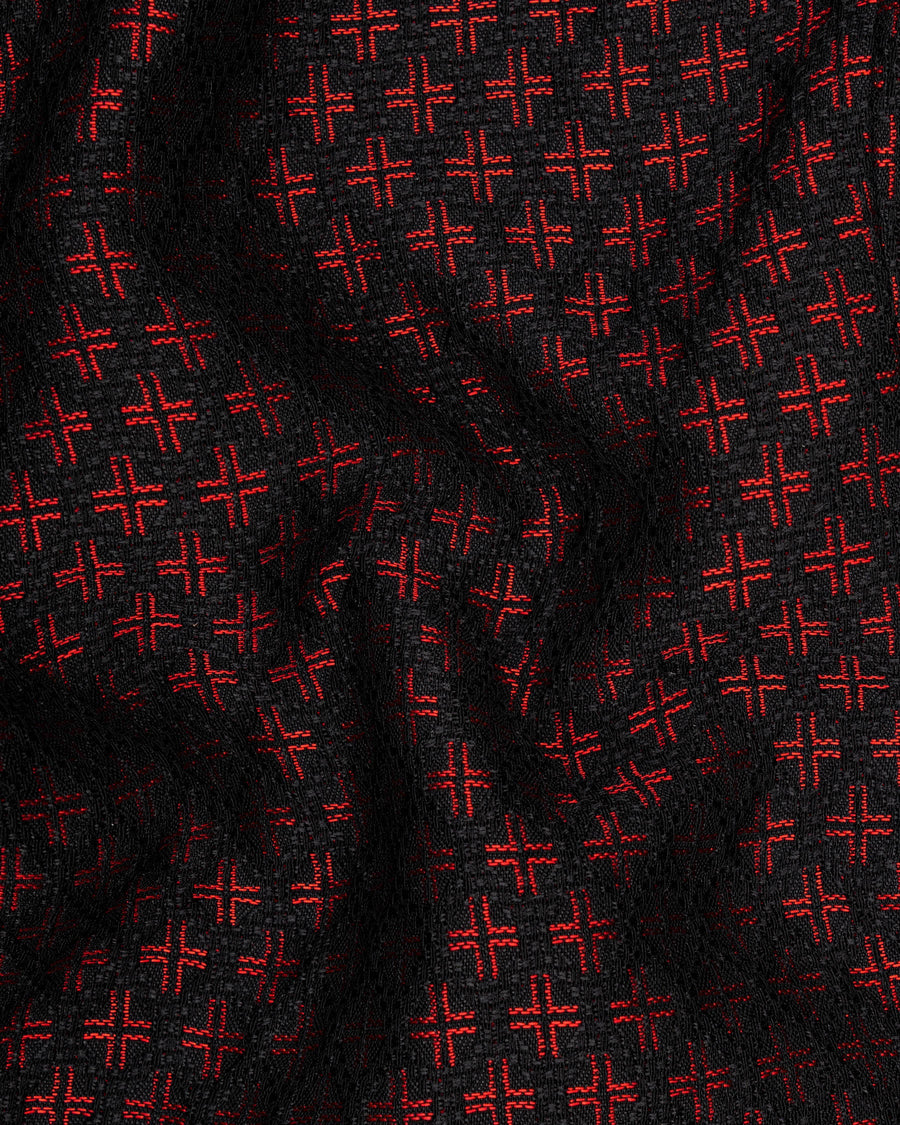 Claret Red and Jade Black Houndstooth Texture Cross Buttoned Bandhgala Blazer