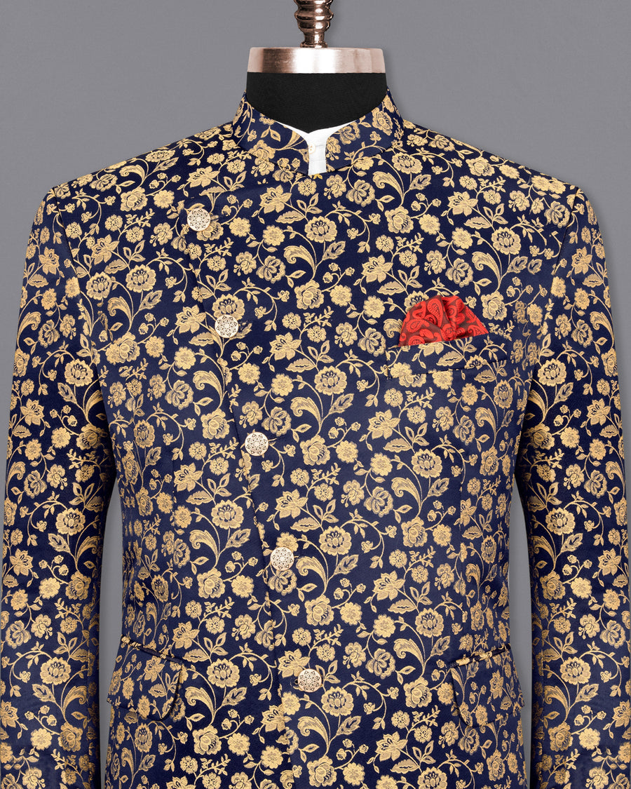 Ebony Clay Floral Jacquard Cross Buttoned Bandhgala Blazer