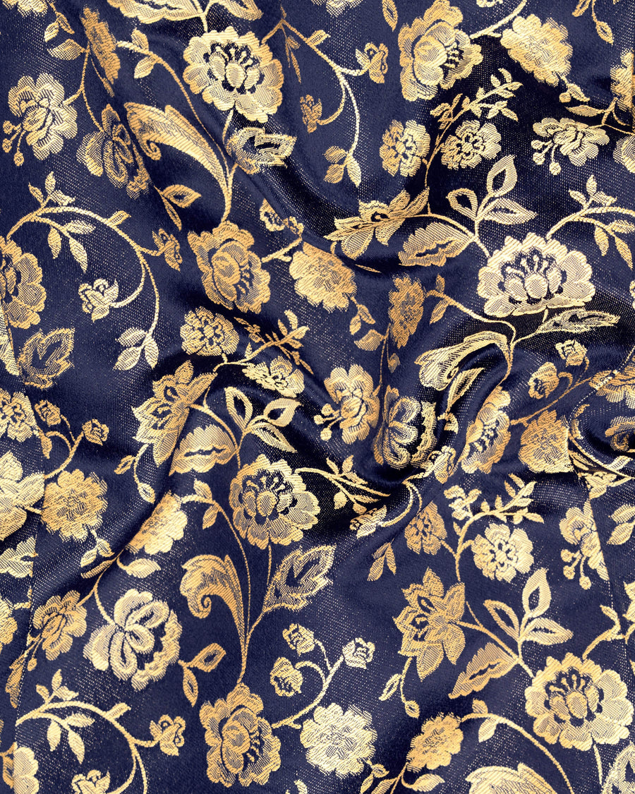 Ebony Clay Floral Jacquard Cross Buttoned Bandhgala Blazer