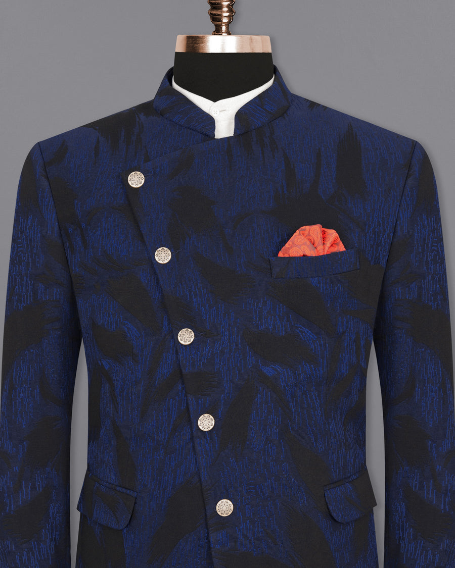 Deep Cove Blue Textured Cross Buttoned Bandhgala Blazer