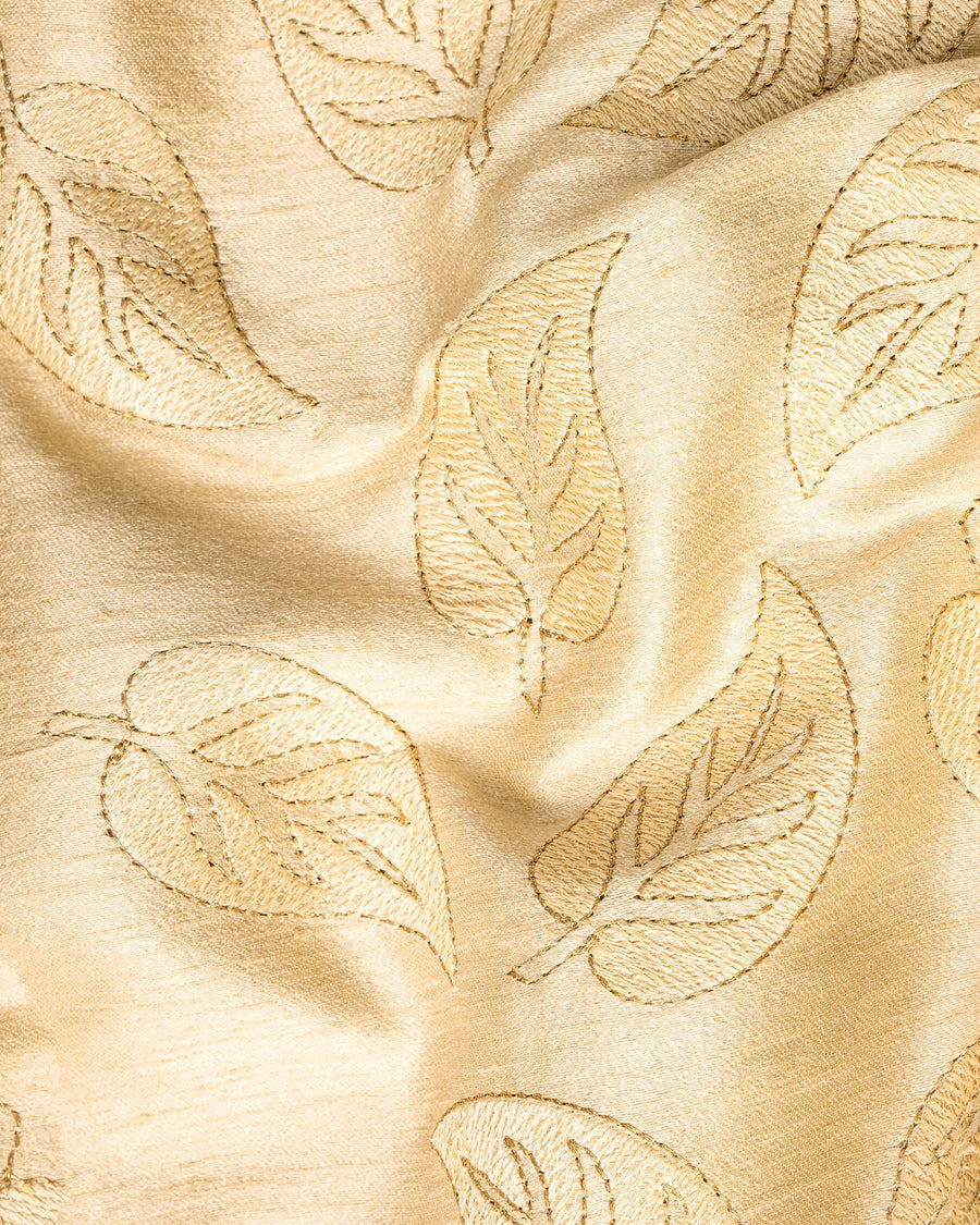 Light Apricot Leaves Embroidery Textured Cross Buttoned Bandhgala Designer Blazer