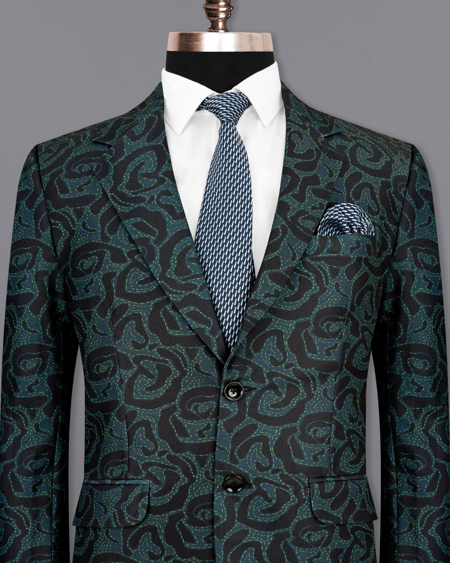 Jade Black and Firefly Green Rose Patterned Designer Blazer