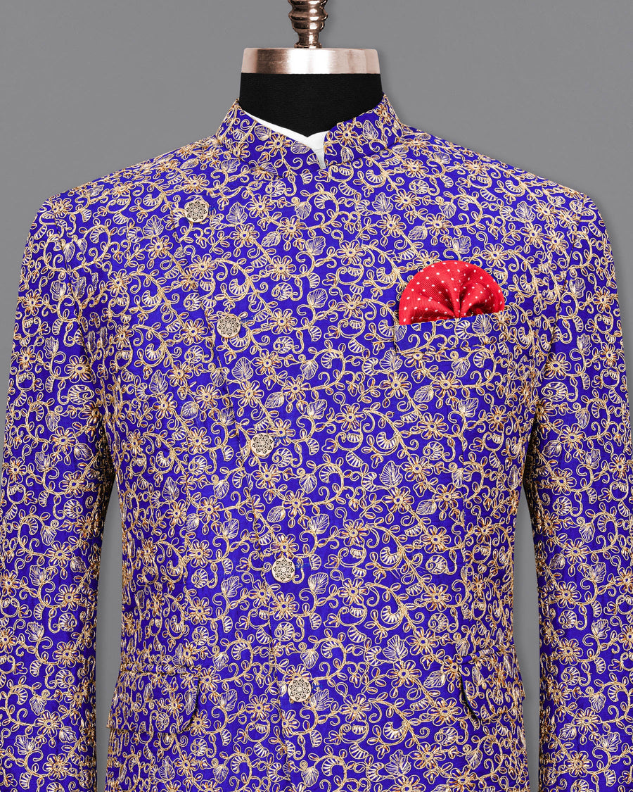 Sapphire Blue and Fawn Embroidery Cross-Buttoned Bandhgala Designer Blazer