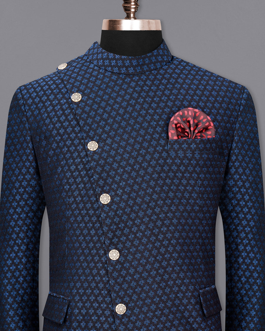 Jade Black and Mariner Blue Plus sign Textured Cross-Button Bandhgala Designer Blazer