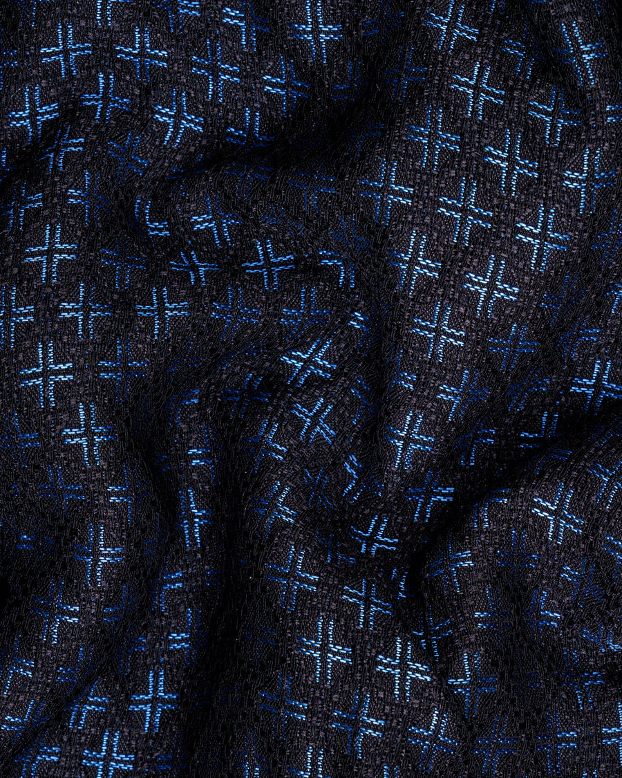 Jade Black and Mariner Blue Plus sign Textured Cross-Button Bandhgala Designer Blazer