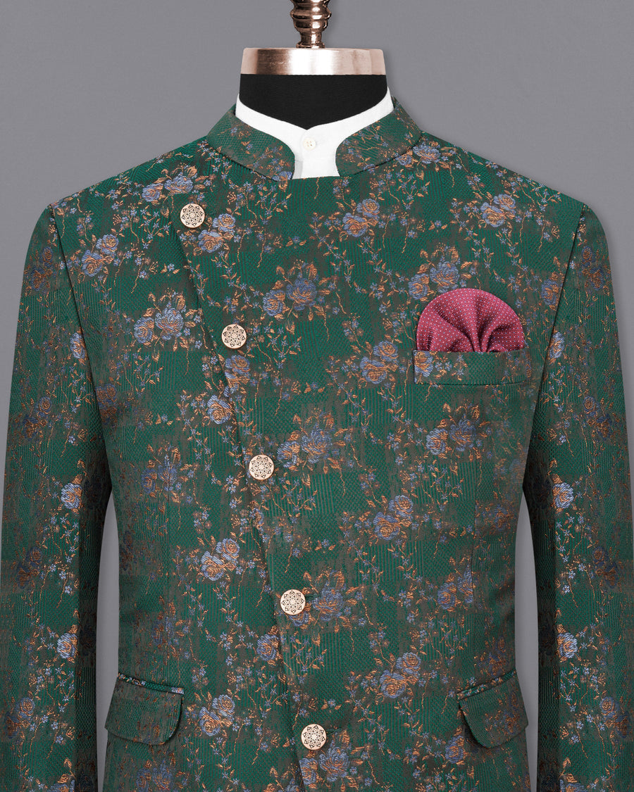Everglade Green Floral Textured Cross Buttoned Bandhgala Designer Blazer