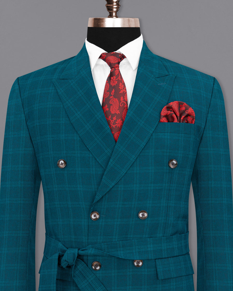 Dark Teal Plaid Double Breasted Strapped Blazer BL1845-DB-D8-36, BL1845-DB-D8-38, BL1845-DB-D8-40, BL1845-DB-D8-42, BL1845-DB-D8-44, BL1845-DB-D8-46, BL1845-DB-D8-48, BL1845-DB-D8-50, BL1845-DB-D8-52, BL1845-DB-D8-54, BL1845-DB-D8-56, BL1845-DB-D8-58, BL1845-DB-D8-60