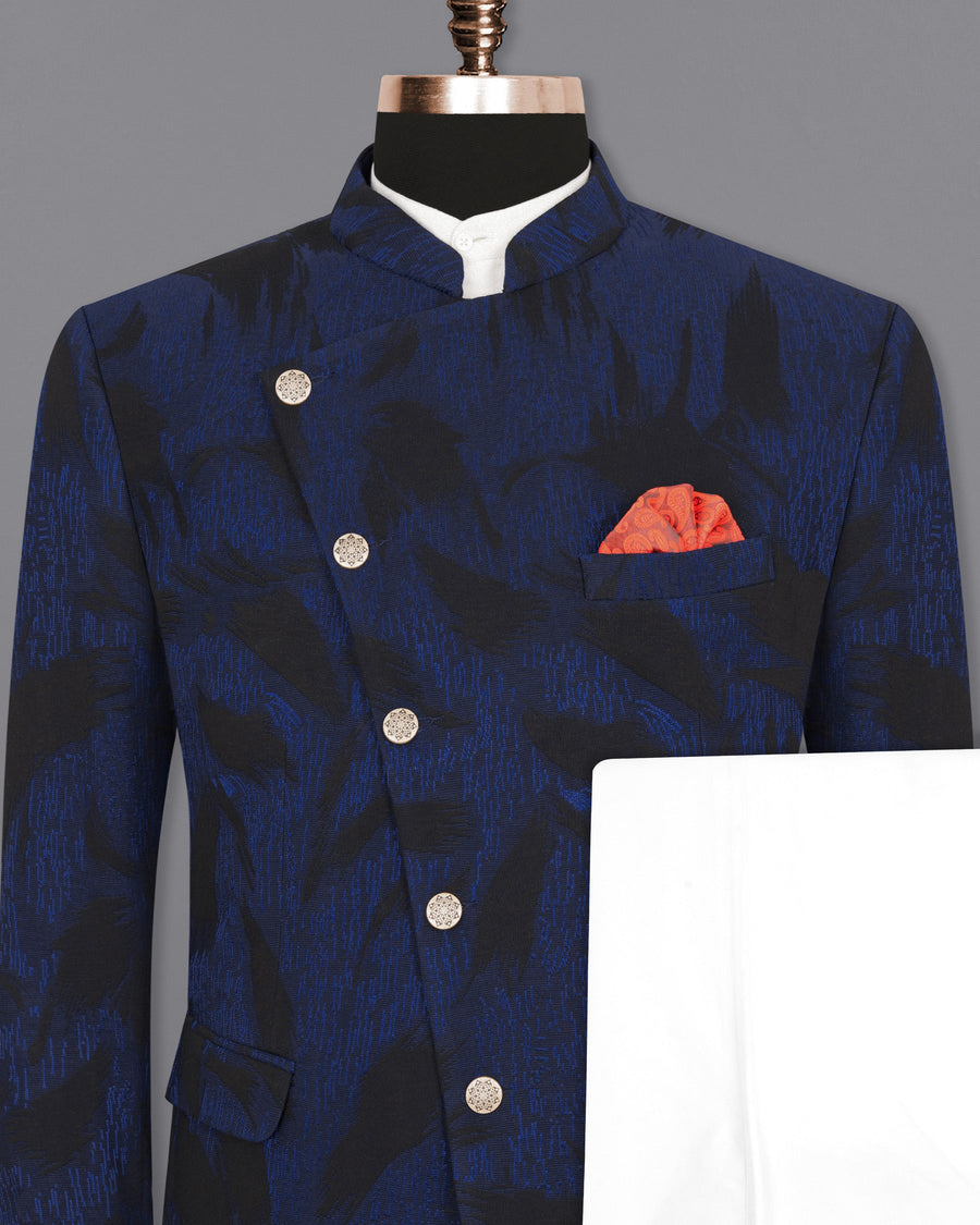 Deep Cove Blue Textured Cross Buttoned Bandhgala Suit