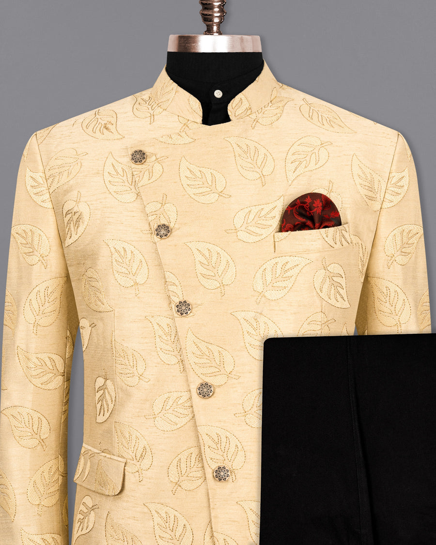 Light Apricot Leaves Embroidery Textured Cross Buttoned Bandhgala Designer Suit