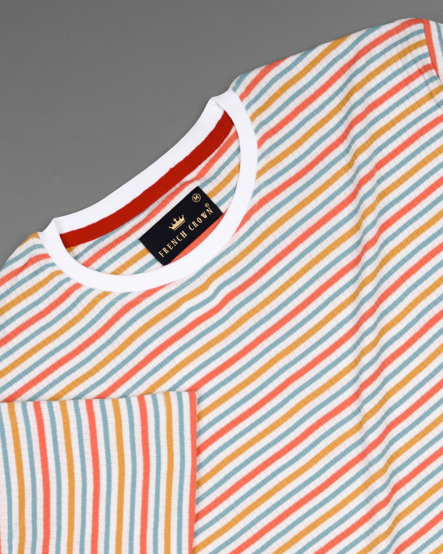 Bright White with Multicolor Striped Dobby Textured Super Soft Premium Cotton T-Shirt TS523-S, TS523-M, TS523-L, TS523-XL, TS523-XXL