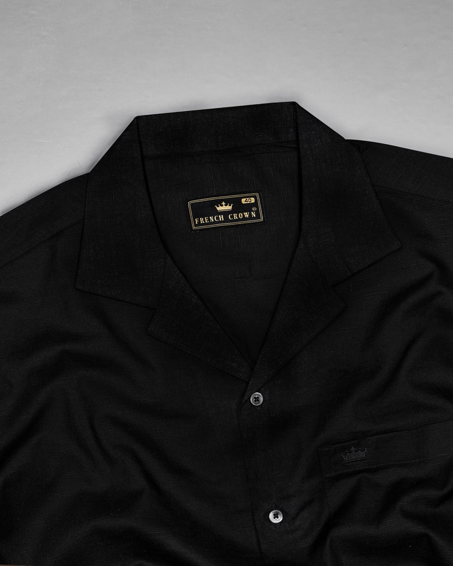 Jade Black Cuban Collar Luxurious Linen Shirt