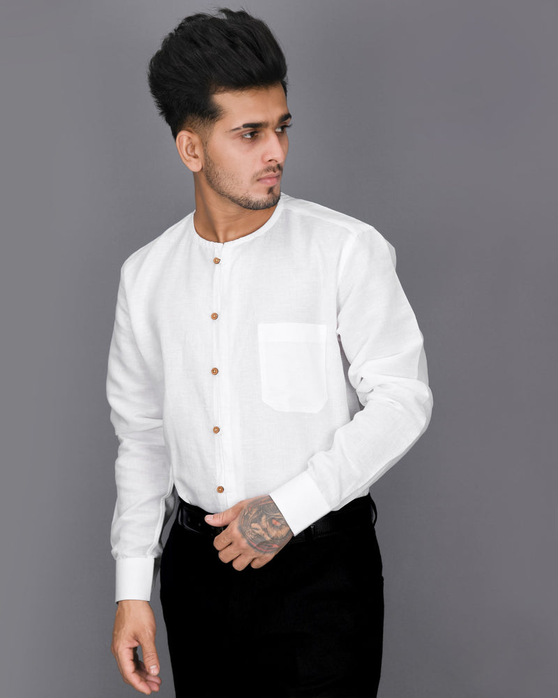 Bright White Collarless Luxurious Linen Shirt