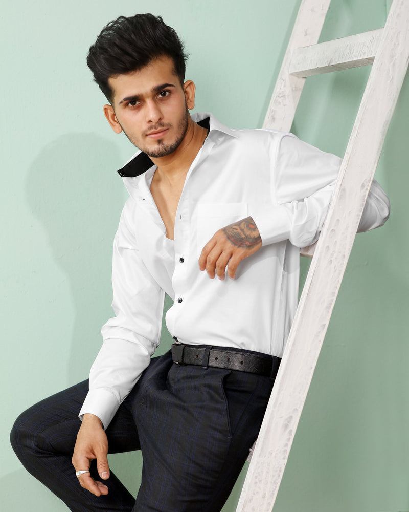 Bright White with Black Collar detailed Super Soft Giza Cotton SHIRT