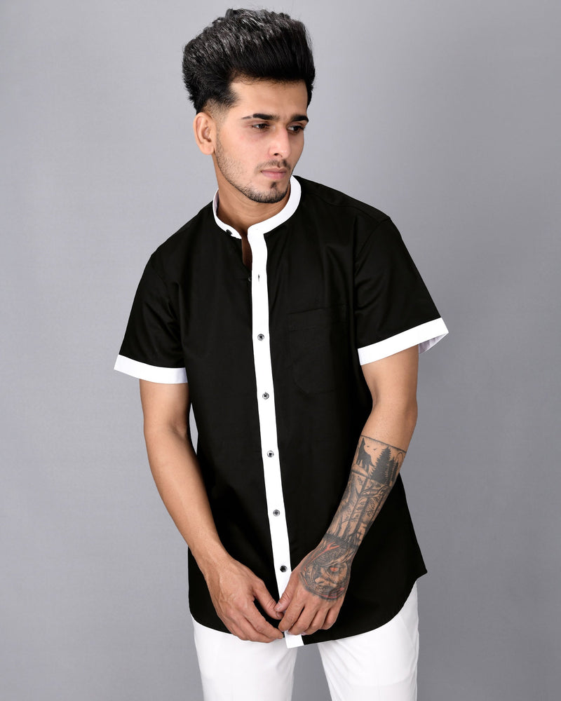 Jade Black with white Placket Half Sleeve Super Soft Giza Cotton Shirt