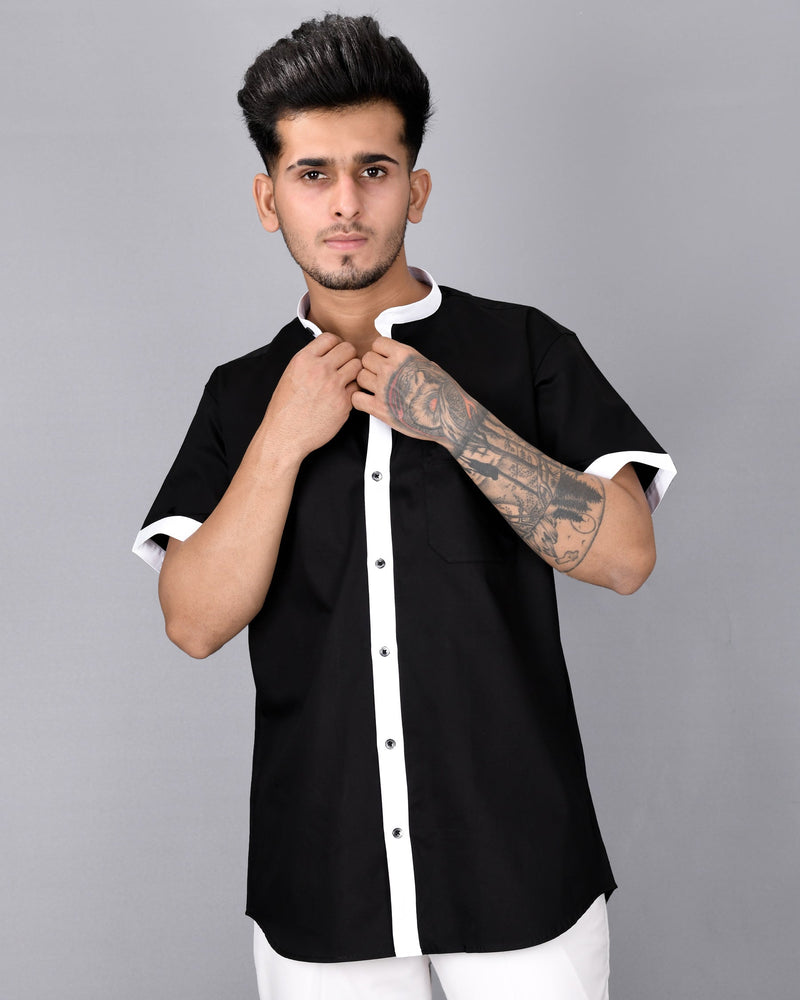 Jade Black with white Placket Half Sleeve Super Soft Giza Cotton Shirt