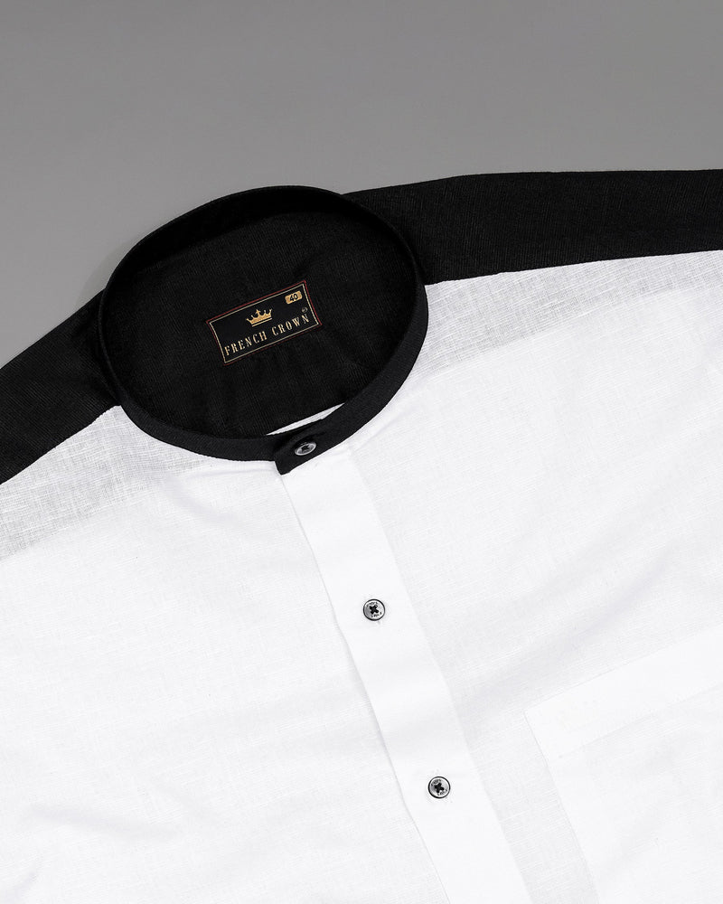 Bright White with Black Patterned Luxurious Linen Shirt