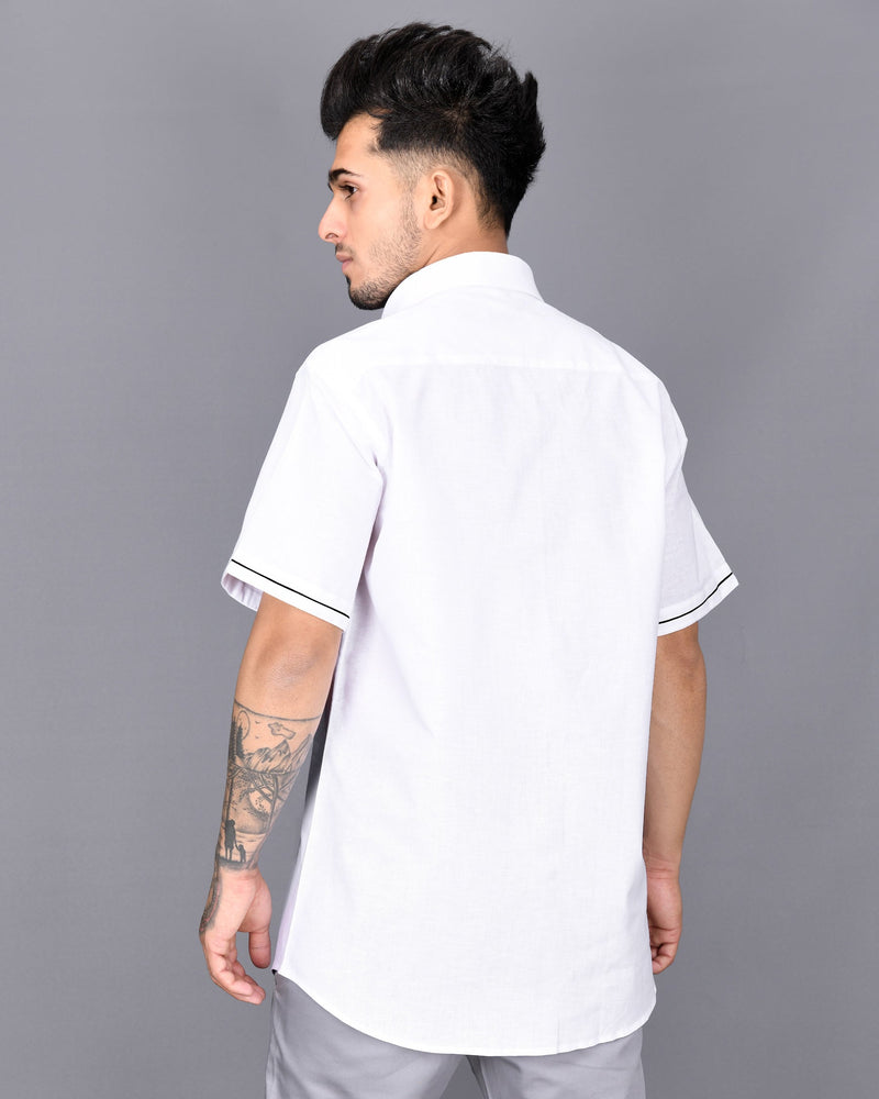 Bright White with Black Centre Piping Luxurious Linen Shirt