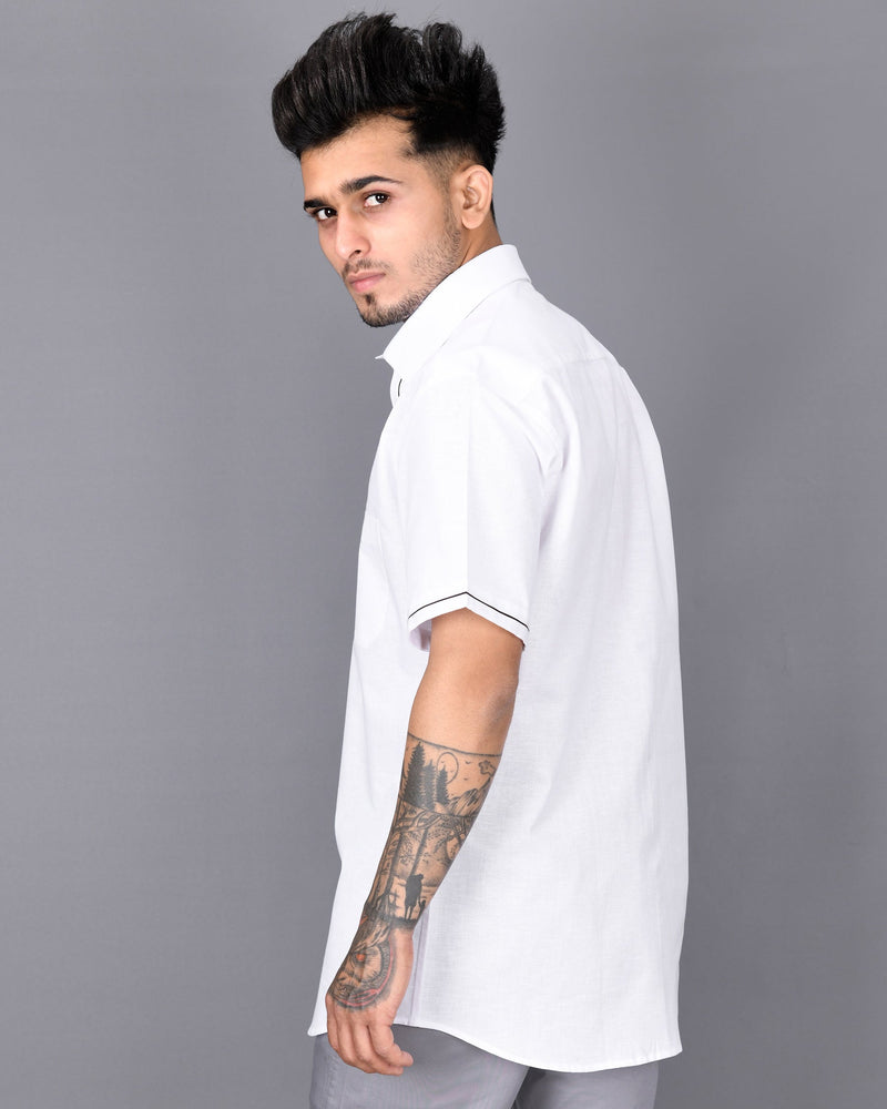 Bright White with Black Centre Piping Luxurious Linen Shirt