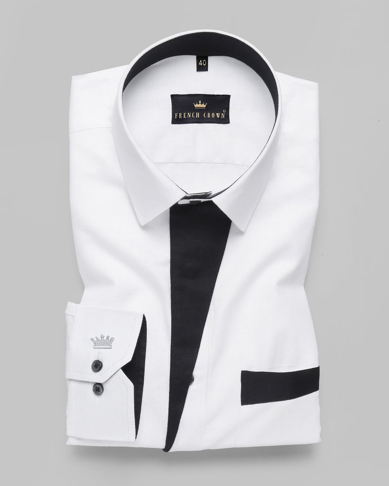 Bright White with Black Patterned Luxurious Linen Shirt