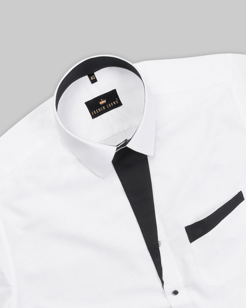 Bright White with Black Patterned Luxurious Linen Shirt