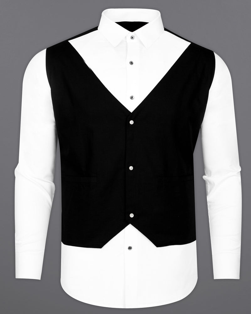 Bright White with black waistcoat Patterned Luxurious Linen Shirt