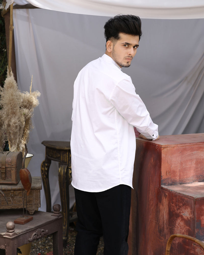 Bright White Designer Super Soft Kurta Style Giza Cotton Shirt