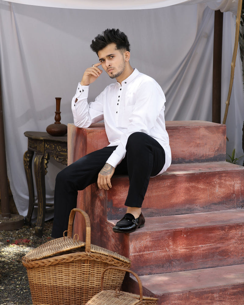 Bright White Designer Super Soft Kurta Style Giza Cotton Shirt