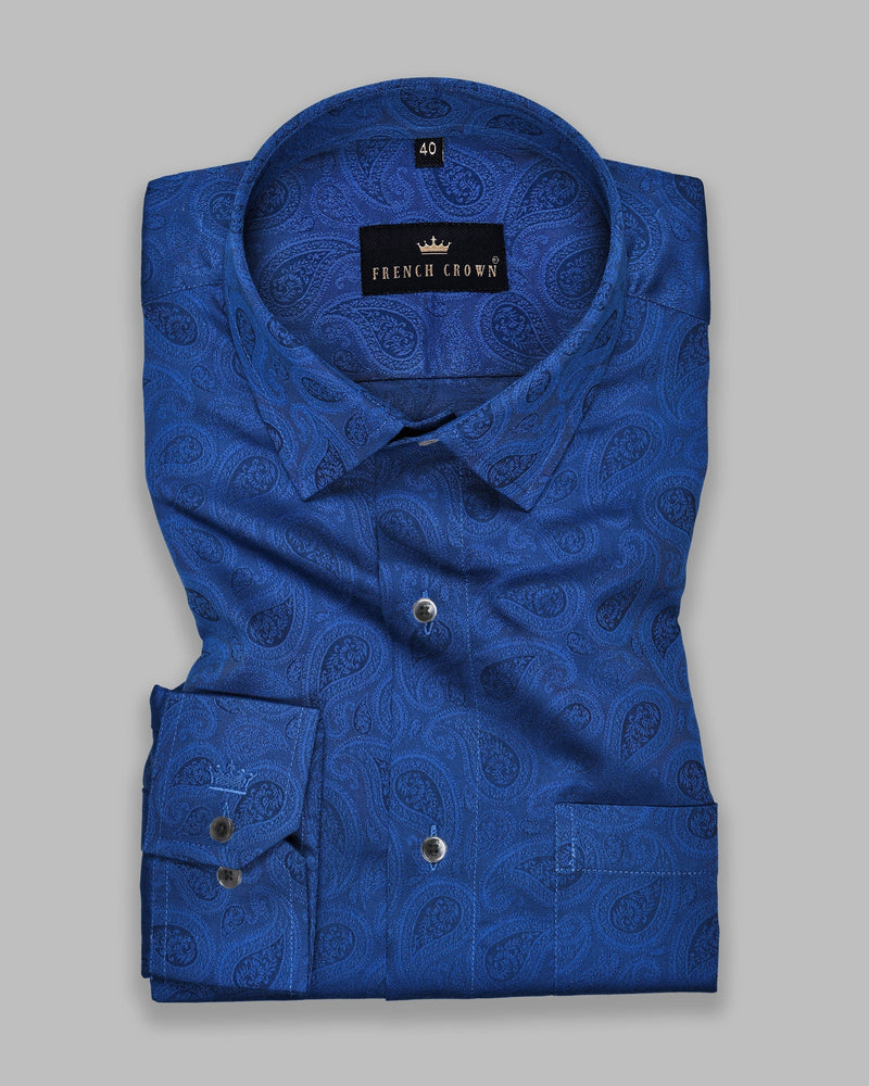 Catalina Blue Paisley Jacquard Patterned Premium Giza Cotton Shirt