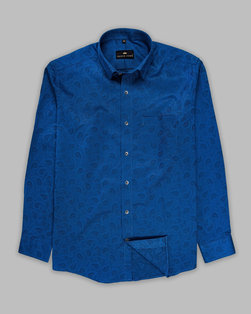 Catalina Blue Paisley Jacquard Patterned Premium Giza Cotton Shirt