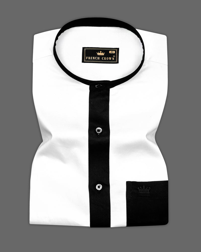 Bright White with Black Patch work Mandarin Collar Premium Satin Shirt