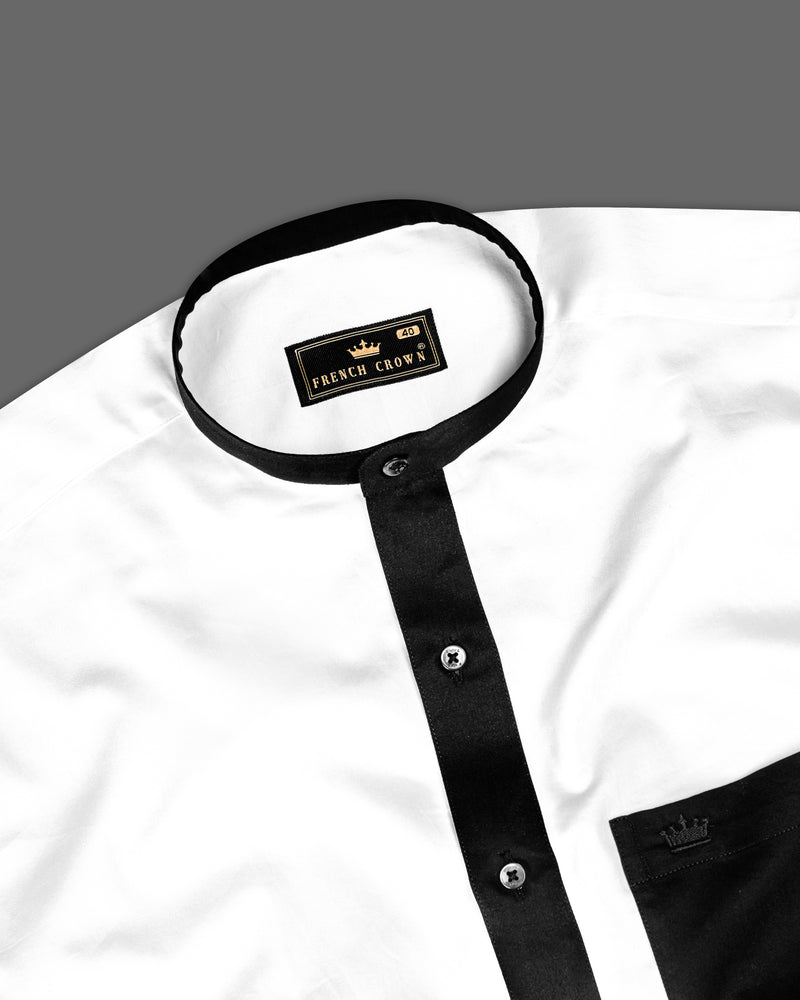 Bright White with Black Patch work Mandarin Collar Premium Satin Shirt