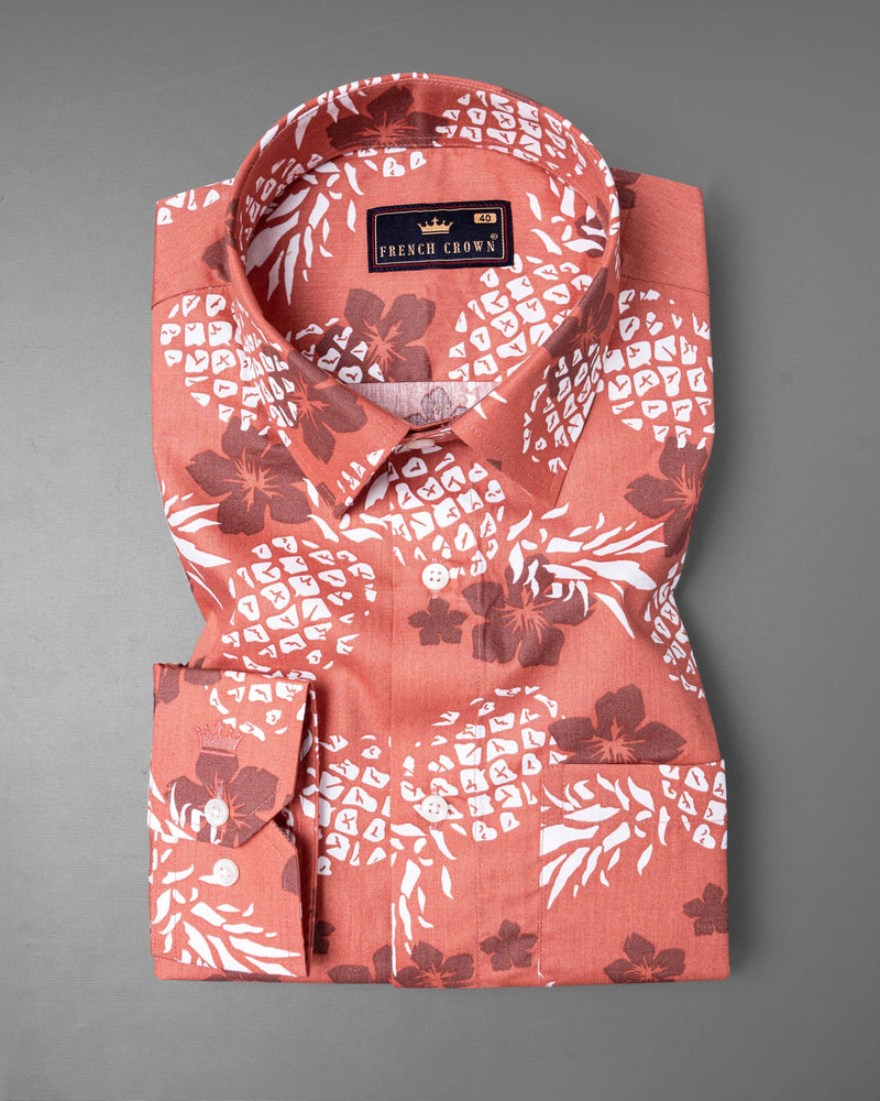 Salmon Floral and Pineapple Printed Premium Cotton Shirt 5846-38, 5846-H-38, 5846-39, 5846-H-39, 5846-40, 5846-H-40, 5846-42, 5846-H-42, 5846-44, 5846-H-44, 5846-46, 5846-H-46, 5846-48, 5846-H-48, 5846-50, 5846-H-50, 5846-52, 5846-H-52