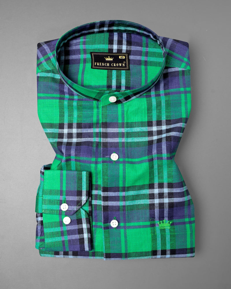 Shamrock Green with Victoria Blue Plaid Luxurious Linen Shirt 6121-M-38, 6121-M-H-38, 6121-M-39, 6121-M-H-39, 6121-M-40, 6121-M-H-40, 6121-M-42, 6121-M-H-42, 6121-M-44, 6121-M-H-44, 6121-M-46, 6121-M-H-46, 6121-M-48, 6121-M-H-48, 6121-M-50, 6121-M-H-50, 6121-M-52, 6121-M-H-52