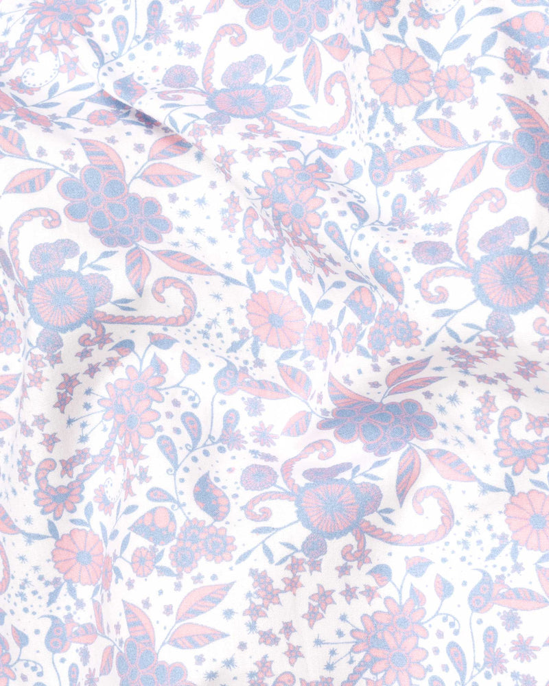 Bright White with Pastel Blue and Pink decorated Flowers Printed Premium Cotton Shirt 6135-38, 6135-H-38, 6135-39, 6135-H-39, 6135-40, 6135-H-40, 6135-42, 6135-H-42, 6135-44, 6135-H-44, 6135-46, 6135-H-46, 6135-48, 6135-H-48, 6135-50, 6135-H-50, 6135-52, 6135-H-52