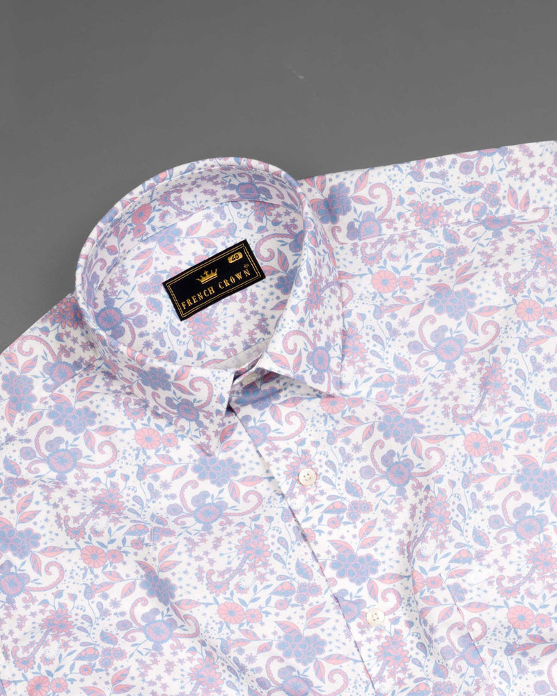 Bright White with Pastel Blue and Pink decorated Flowers Printed Premium Cotton Shirt 6135-38, 6135-H-38, 6135-39, 6135-H-39, 6135-40, 6135-H-40, 6135-42, 6135-H-42, 6135-44, 6135-H-44, 6135-46, 6135-H-46, 6135-48, 6135-H-48, 6135-50, 6135-H-50, 6135-52, 6135-H-52