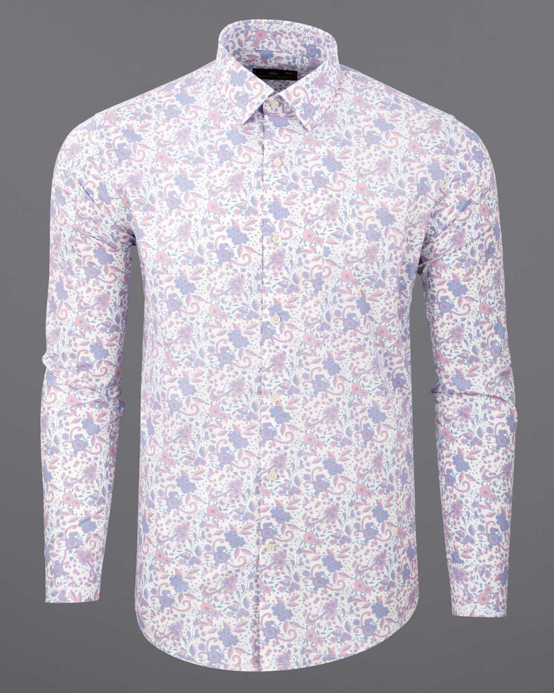 Bright White with Pastel Blue and Pink decorated Flowers Printed Premium Cotton Shirt 6135-38, 6135-H-38, 6135-39, 6135-H-39, 6135-40, 6135-H-40, 6135-42, 6135-H-42, 6135-44, 6135-H-44, 6135-46, 6135-H-46, 6135-48, 6135-H-48, 6135-50, 6135-H-50, 6135-52, 6135-H-52