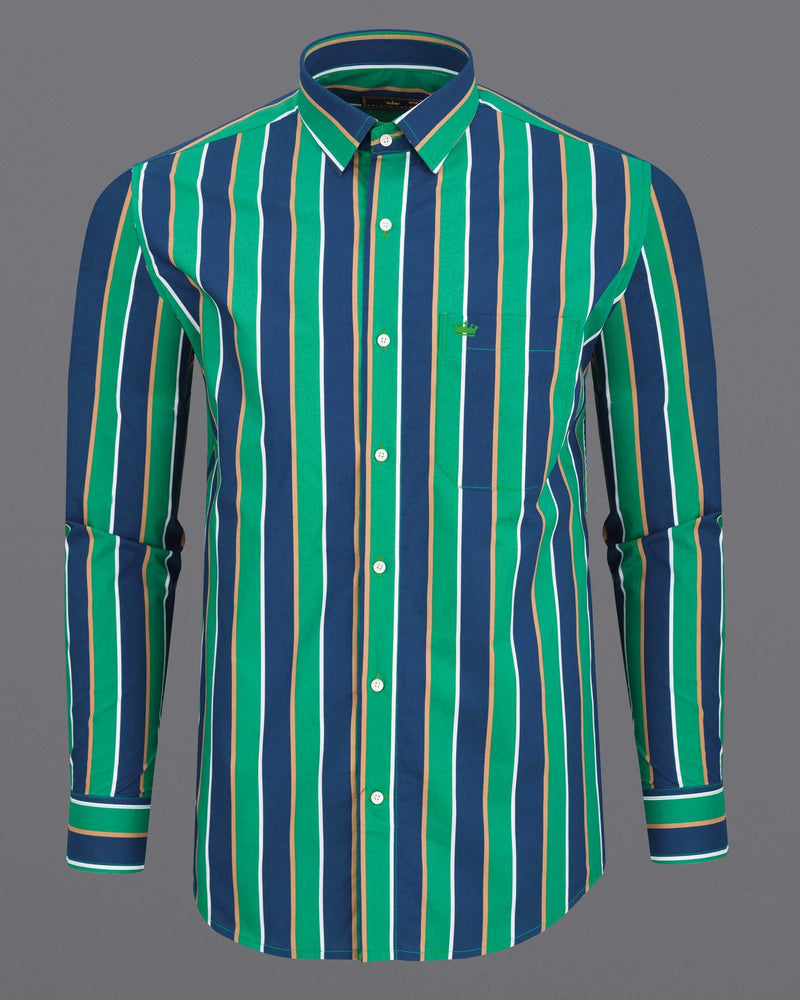 Astronaut Blue with Jungle Green Striped Premium Cotton Shirt