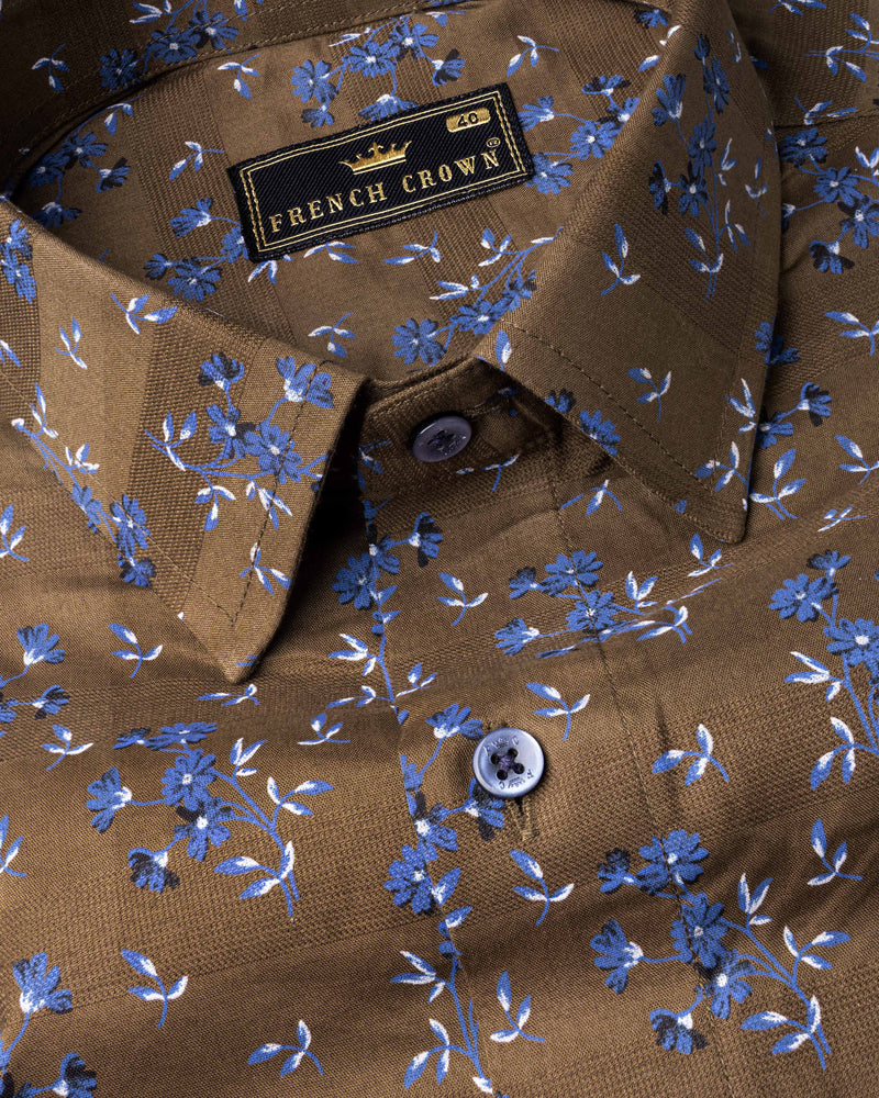 Pine Cone Brown Floral Printed Dobby Premium Giza Cotton Shirt