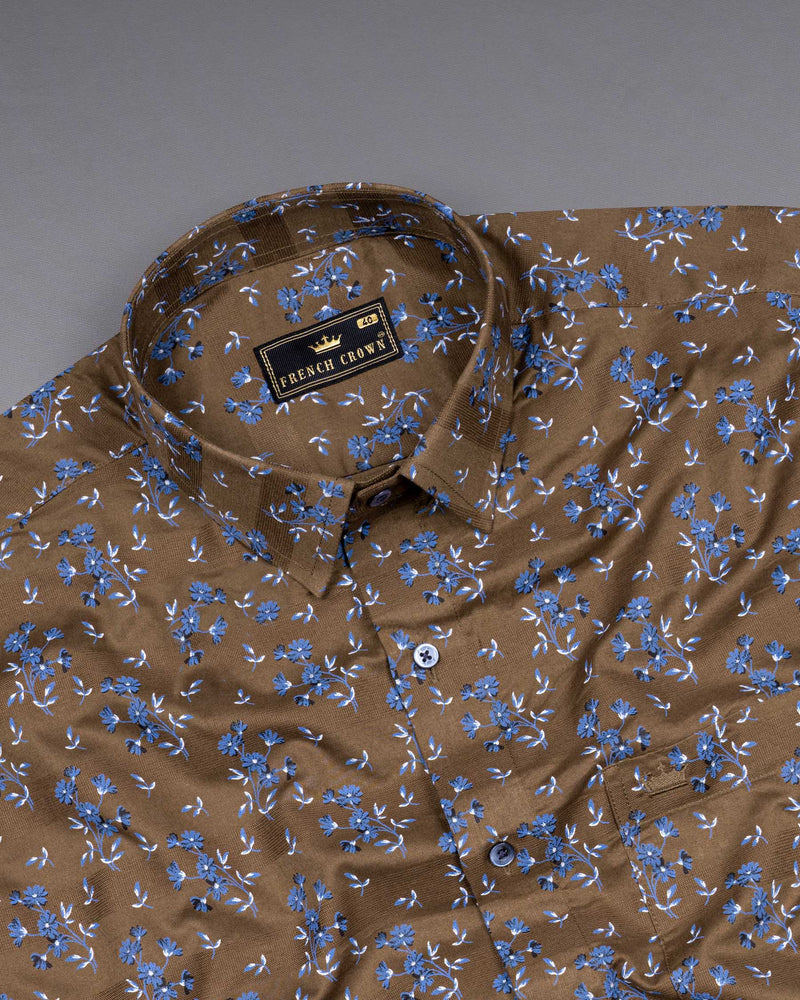 Pine Cone Brown Floral Printed Dobby Premium Giza Cotton Shirt