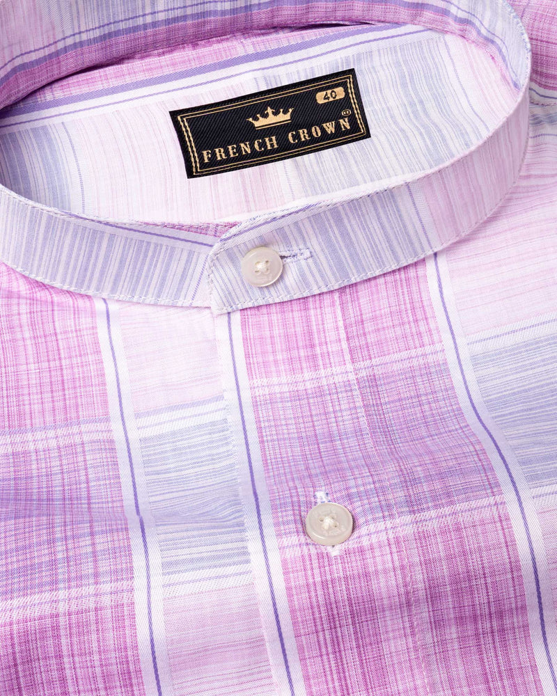 Bright White with Pale Magenta Windowpane Premium Cotton Shirt