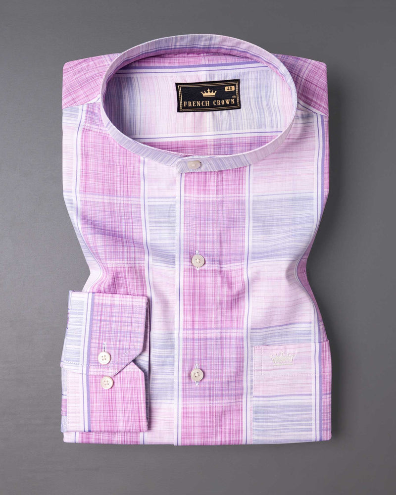 Bright White with Pale Magenta Windowpane Premium Cotton Shirt