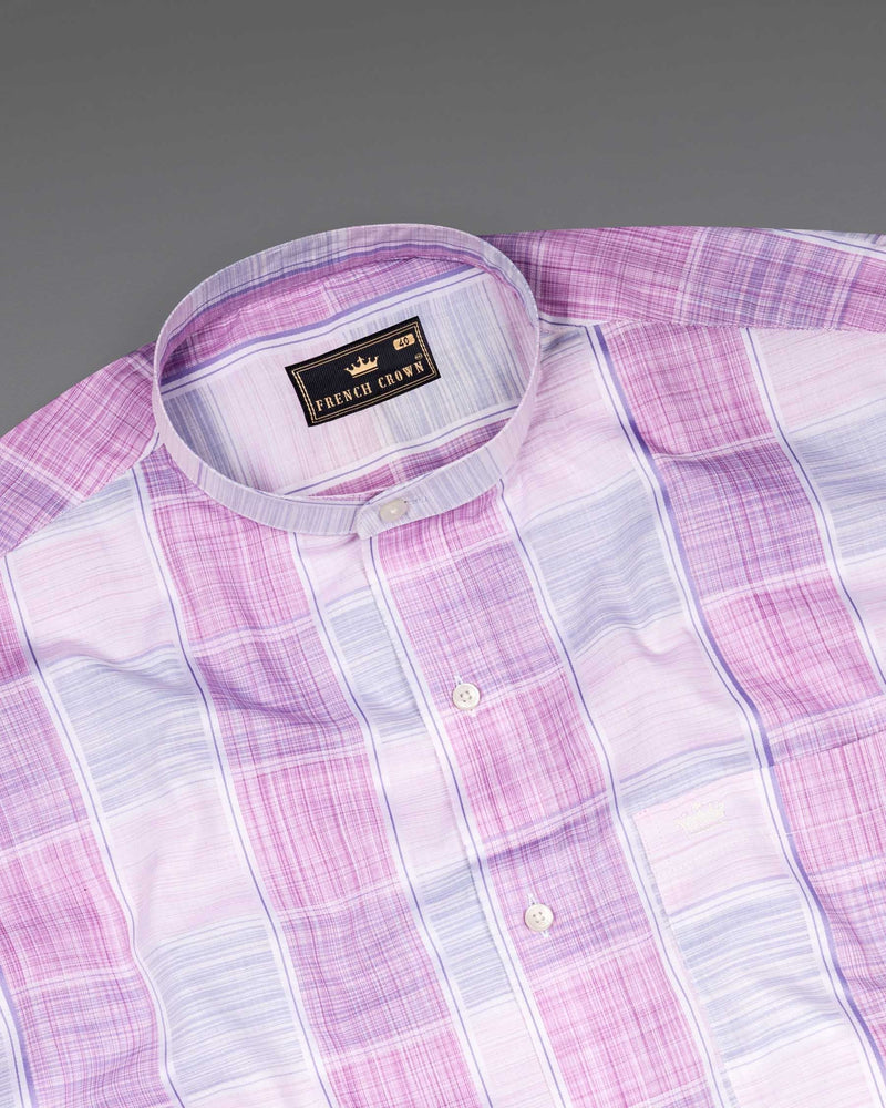 Bright White with Pale Magenta Windowpane Premium Cotton Shirt