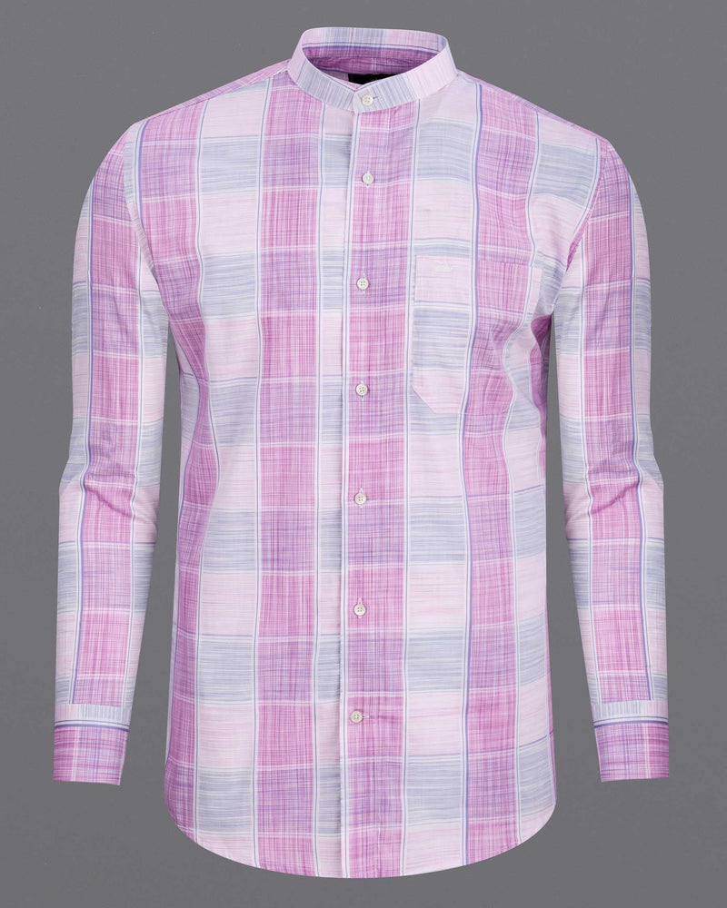 Bright White with Pale Magenta Windowpane Premium Cotton Shirt